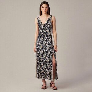 Hudson North Navy Floral Prairie Jersey Side Slit V-Neck Beach Maxi Dress L